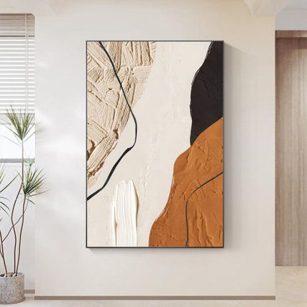 Abstract Textured Canvas Wall Art | Terracotta, Cream & Black Palette Knife Painting — Framed Modern Décor